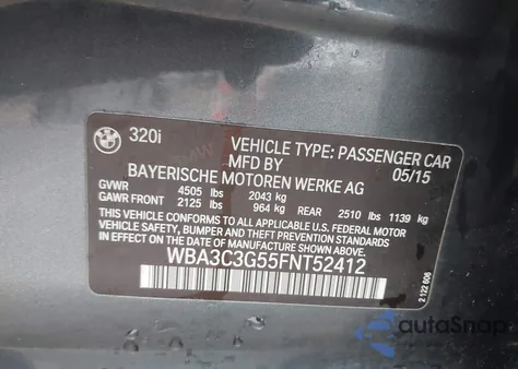 2015 BMW 320I xDrive из США, поврежденный, VIN WBA3C3G55FNT52412